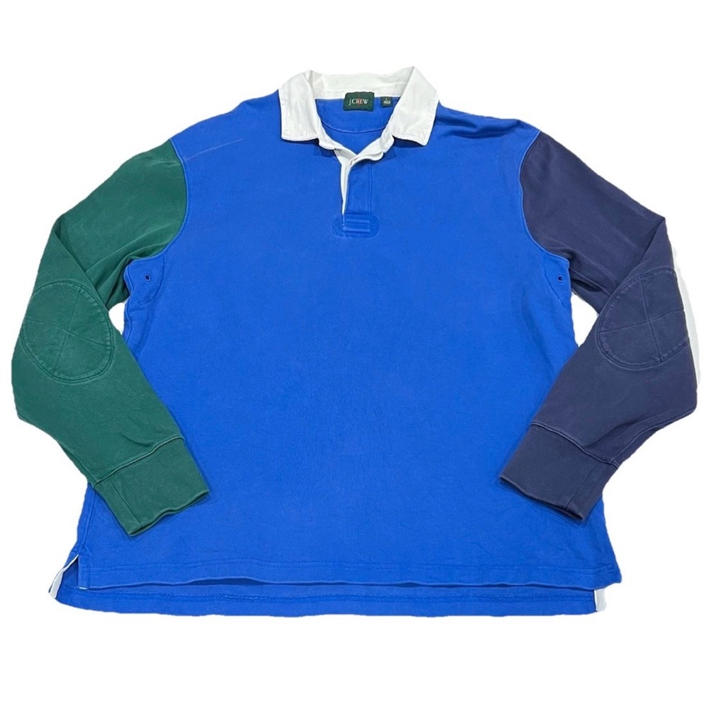 J Crew Colorblock Rugby Shirt Long Sleeve Blue Green Navy Mens Large Elbow Patch